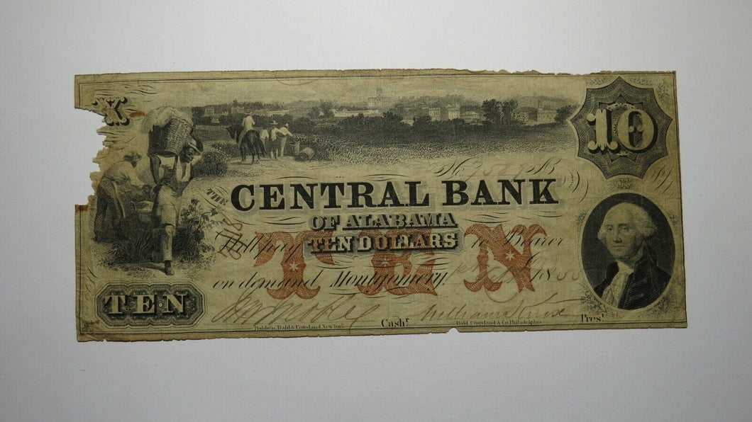$10 1855 Montgomery Alabama AL Obsolete Currency Bank Note Bill! Central Bank
