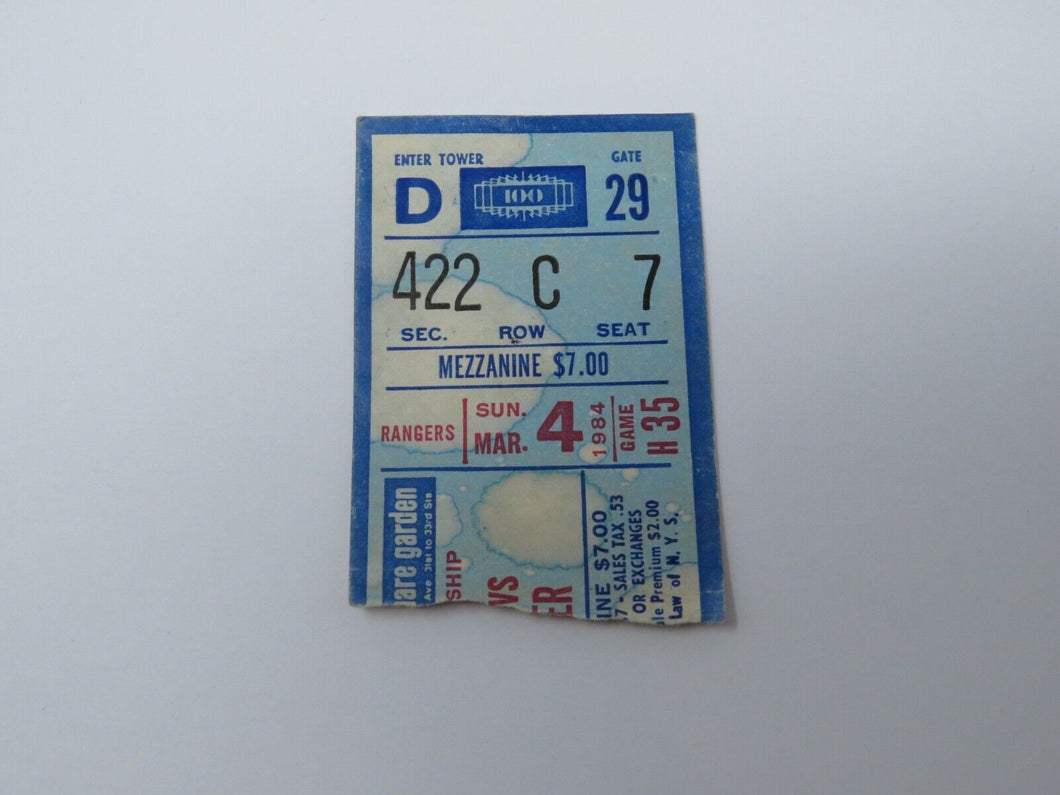 March 4, 1984 New York Rangers Vs. Vancouver Canucks NHL Hockey Ticket Stub