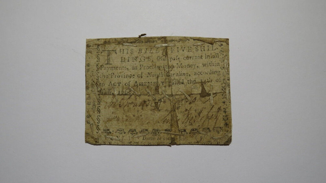 1760 Five Shillings North Carolina NC Colonial Currency Bank Note Bill! 5s RARE
