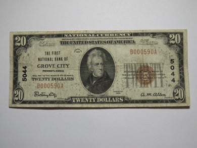 $20 1929 Grove City Pennsylvania National Currency Bank Note Bill Ch. #5044 FINE