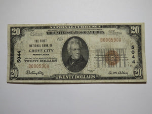 $20 1929 Grove City Pennsylvania National Currency Bank Note Bill Ch. #5044 FINE