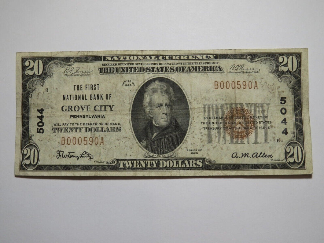 $20 1929 Grove City Pennsylvania National Currency Bank Note Bill Ch. #5044 FINE