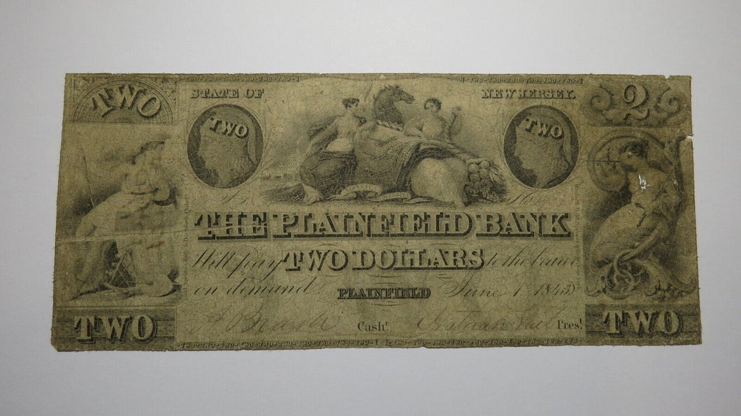 $2 1843 Plainfield New Jersey Obsolete Currency Bank Note Bill Plainfield Bank