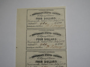 $4 1861 Confederate Bond Coupon Certificate Uncut Sheet Currency Bank Note Bill