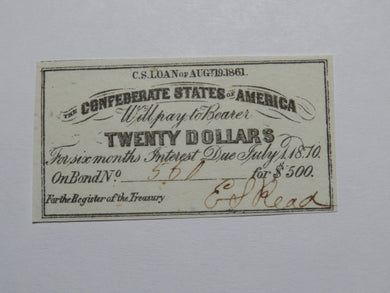 $20 1861 Confederate Bond Coupon Certificate Currency Bank Note Bill UNC