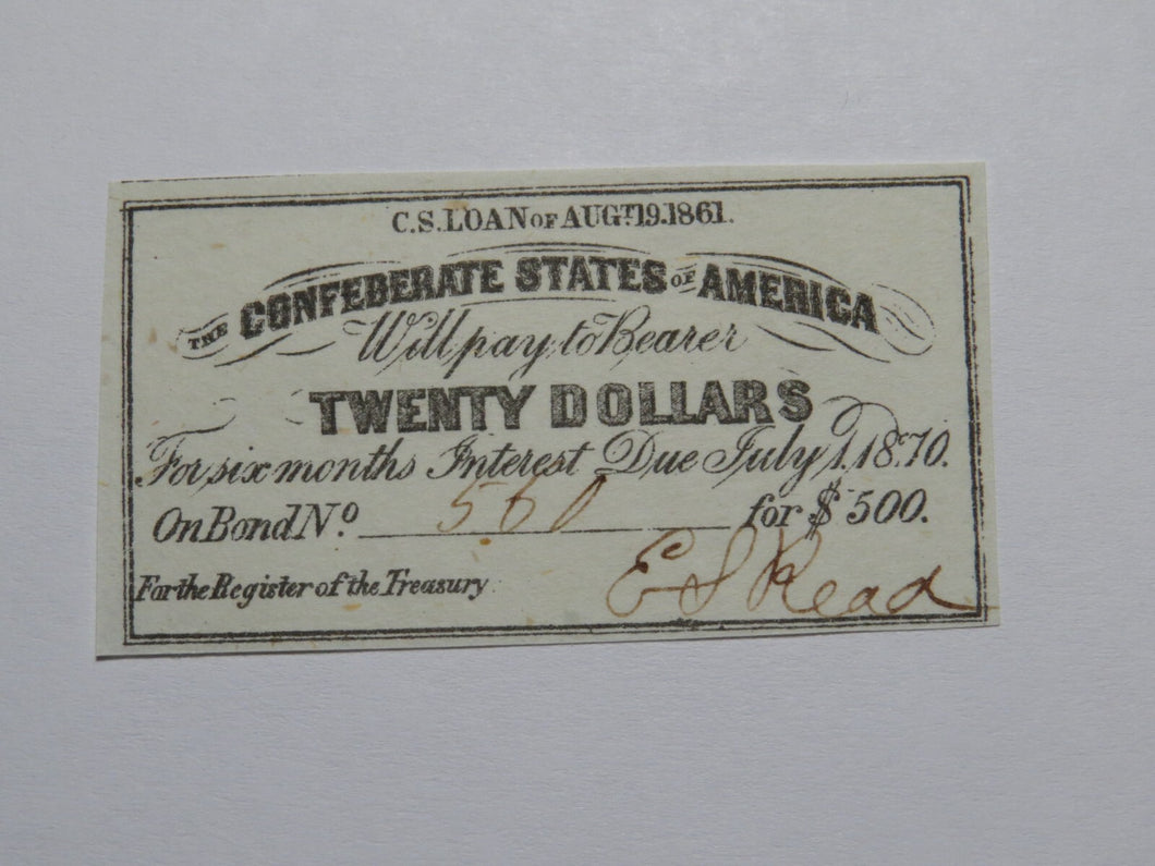 $20 1861 Confederate Bond Coupon Certificate Currency Bank Note Bill UNC