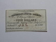 Load image into Gallery viewer, $4 1861 Confederate Bond Coupon Certificate Currency Bank Note Bill UNC