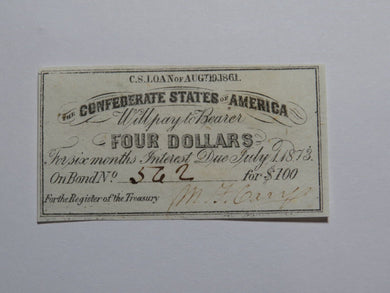 $4 1861 Confederate Bond Coupon Certificate Currency Bank Note Bill UNC