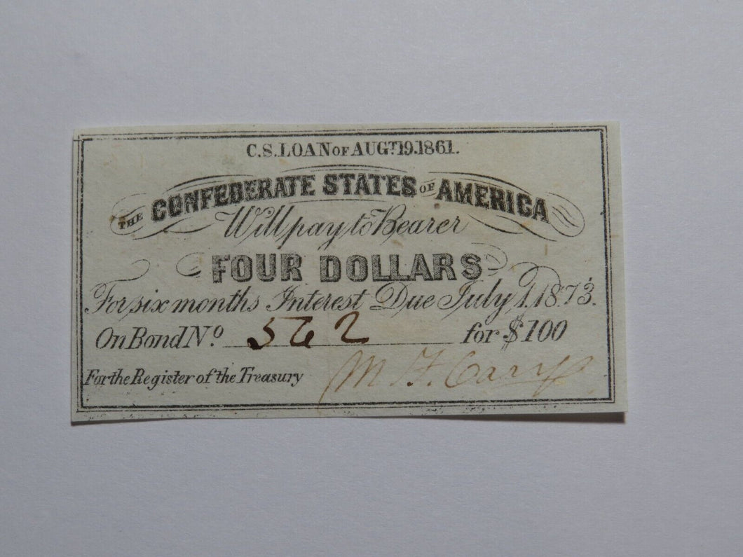 $4 1861 Confederate Bond Coupon Certificate Currency Bank Note Bill UNC