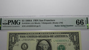 $1 1988 Radar Serial Number Federal Reserve Currency Bank Note Bill PMG UNC66EPQ