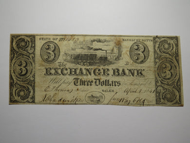 $3 1841 Salem Massachusetts Obsolete Currency Bank Note Bill Exchange Bank
