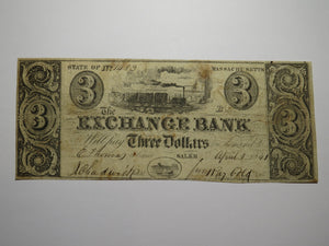 $3 1841 Salem Massachusetts Obsolete Currency Bank Note Bill Exchange Bank