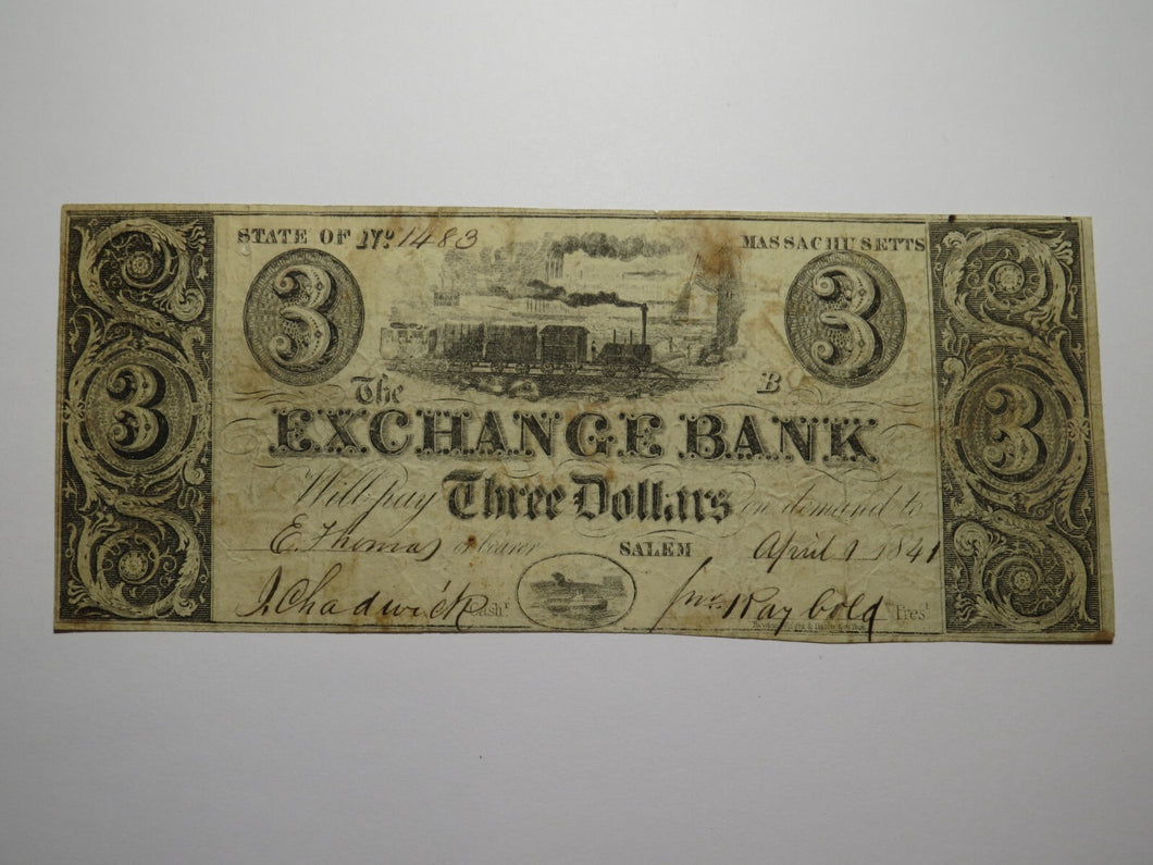 $3 1841 Salem Massachusetts Obsolete Currency Bank Note Bill Exchange Bank