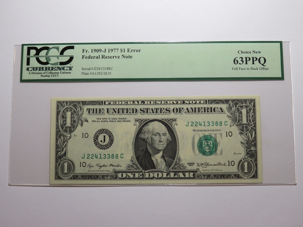 $1 1977 Full Face to Back Offset Error Federal Reserve Bank Note Bill NEW63 PCGS