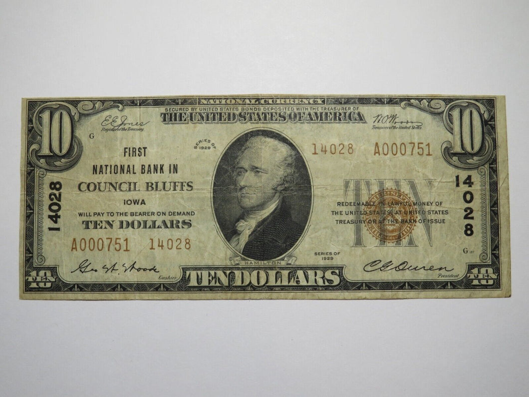 $10 1929 Council Bluffs Iowa National Currency Bank Note Bill Ch. #14028 FINE