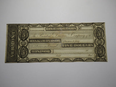 $5 18__ Windsor Vermont VT Obsolete Currency Bank Note Bill Remainder Rare UNC+