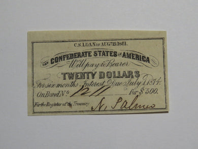 $20 1861 Confederate Bond Coupon Certificate Currency Bank Note Bill UNC