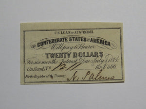 $20 1861 Confederate Bond Coupon Certificate Currency Bank Note Bill UNC