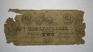 $2 1854 Lyons New York NY Obsolete Currency Bank Note Bill! The Lyons Bank