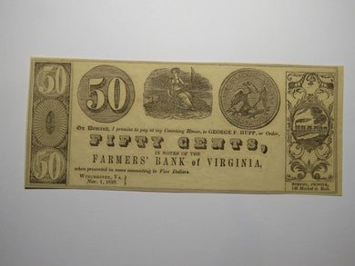 $.50 1839 Winchester Virginia Obsolete Currency Bank Note Bill Farmers Bank UNC+