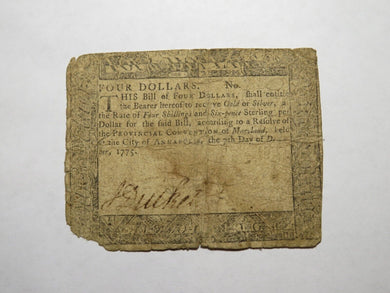 $4 1775 Annapolis Maryland Colonial Currency Note Bill Four Dollars RARE Issue