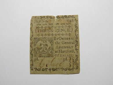 1777 Three Pence Hartford Connecticut CT Colonial Currency Bank Note Bill VF