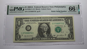 $1 2003 Radar Serial Number Federal Reserve Currency Bank Note Bill PMG UNC66EPQ