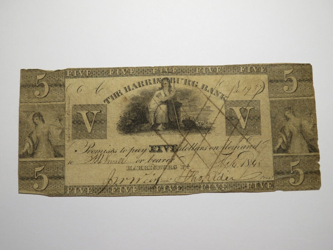 $5 1848 Harrisburg Pennsylvania Obsolete Currency Bank Note Bill Harrisburg Bank