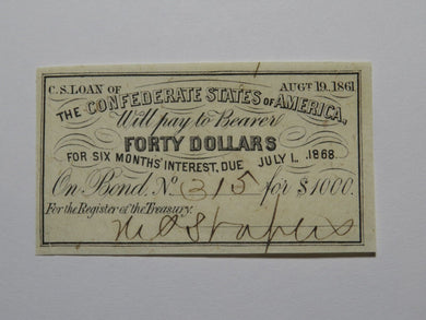 $40 1861 Confederate Bond Coupon Certificate Currency Bank Note Bill UNC