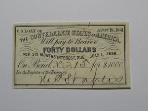 $40 1861 Confederate Bond Coupon Certificate Currency Bank Note Bill UNC