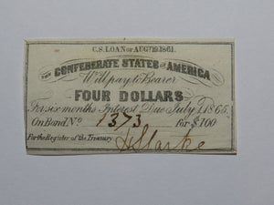 $4 1861 Confederate Bond Coupon Certificate Currency Bank Note Bill UNC