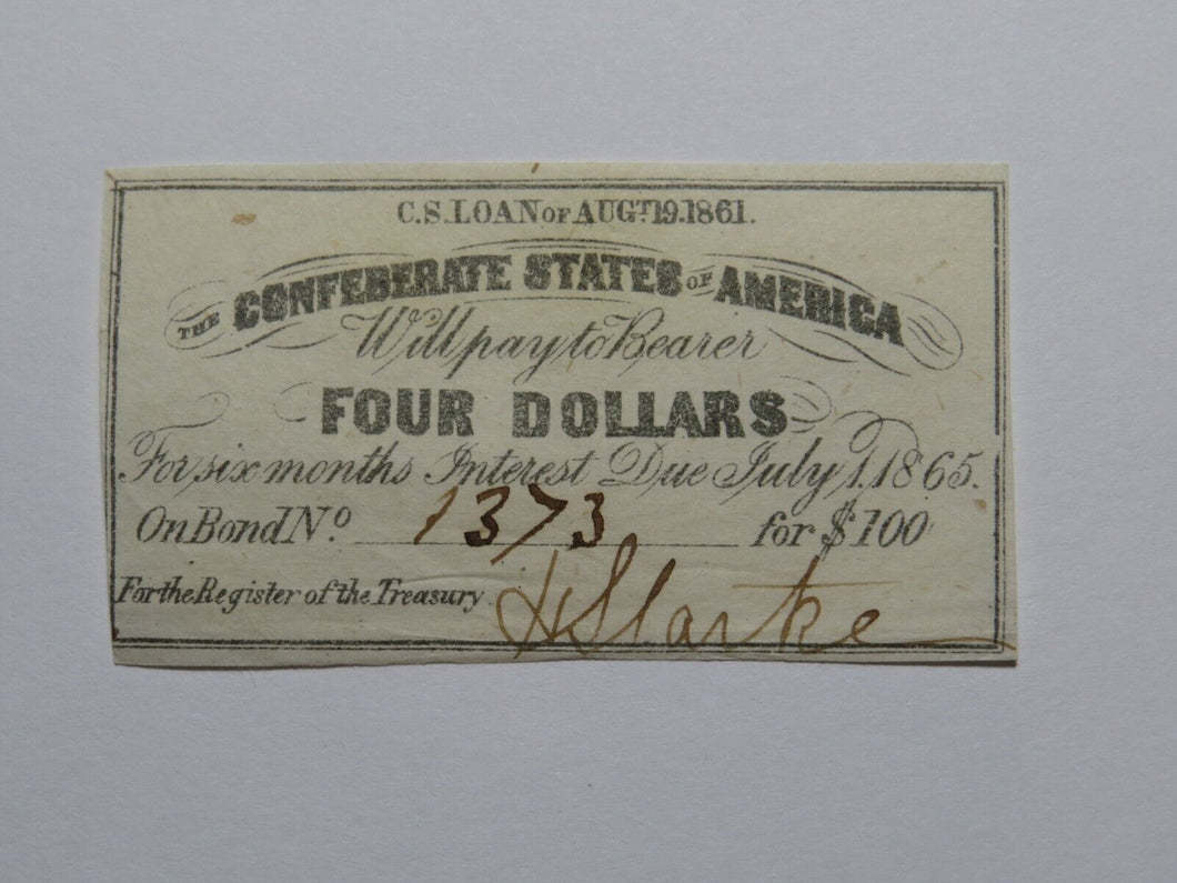 $4 1861 Confederate Bond Coupon Certificate Currency Bank Note Bill UNC