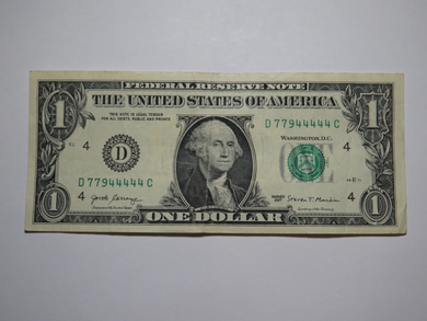 $1 2017 Fancy Serial Number Federal Reserve Bank Note Bill Cleveland #77944444