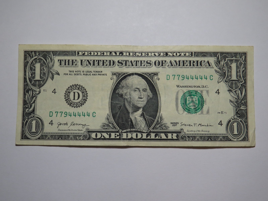 $1 2017 Fancy Serial Number Federal Reserve Bank Note Bill Cleveland #77944444