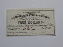 Load image into Gallery viewer, $4 1861 Confederate Bond Coupon Certificate Currency Bank Note Bill UNC