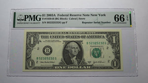 $1 2003 Repeater Serial Number Federal Reserve Currency Bank Note Bill PMG UNC66
