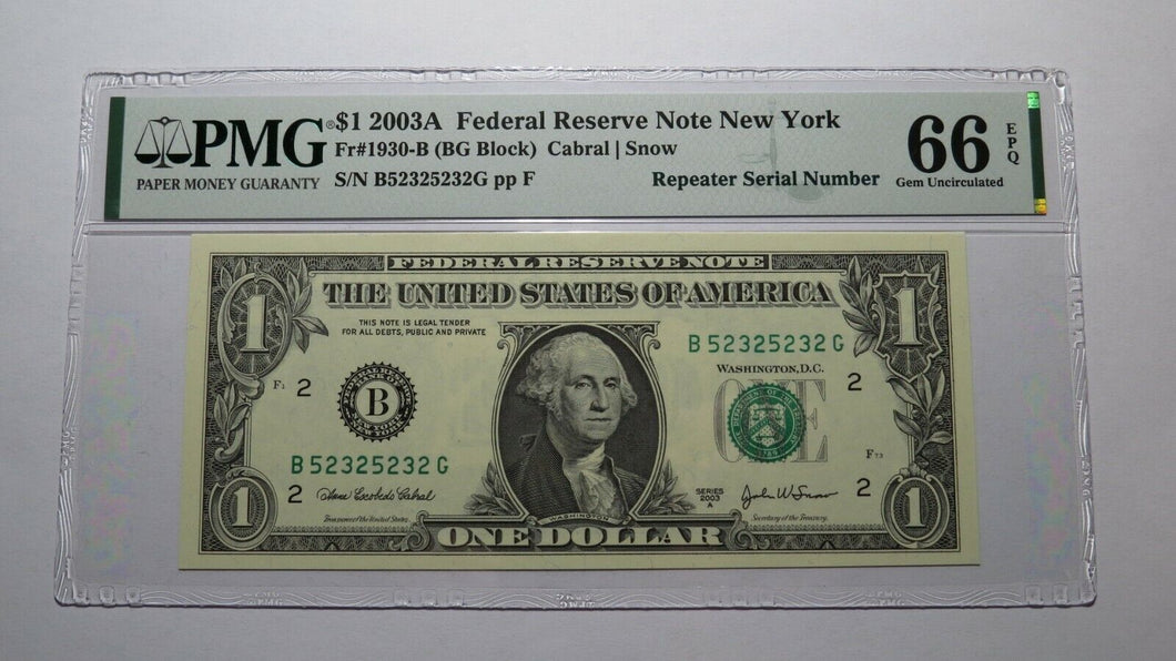 $1 2003 Repeater Serial Number Federal Reserve Currency Bank Note Bill PMG UNC66
