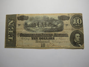 $10 1864 Richmond Virginia VA Confederate Currency Bank Note Bill RARE T68 VF