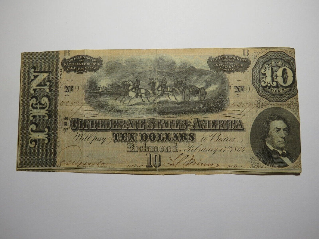 $10 1864 Richmond Virginia VA Confederate Currency Bank Note Bill RARE T68 VF