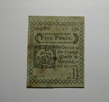 Load image into Gallery viewer, 1777 Five Pence Hartford Connecticut CT Colonial Currency Bank Note Bill XF!