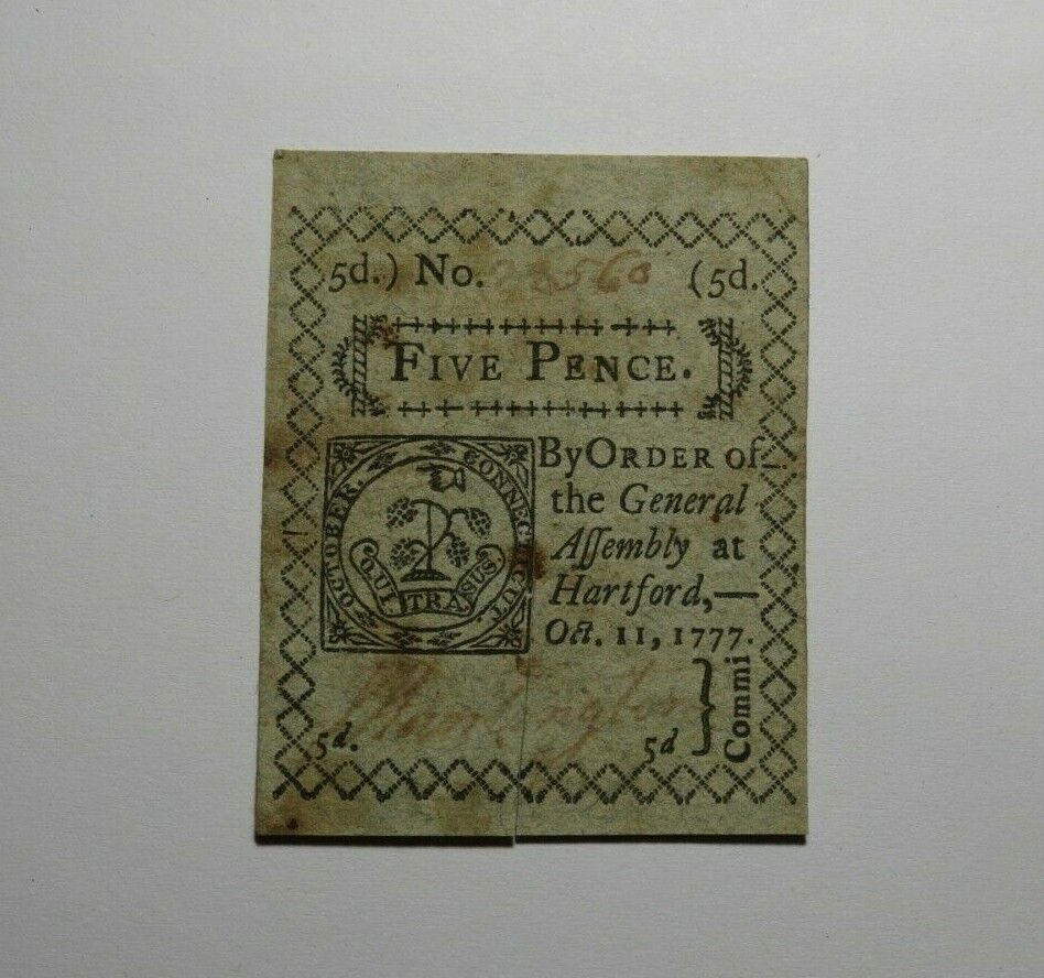 1777 Five Pence Hartford Connecticut CT Colonial Currency Bank Note Bill XF!