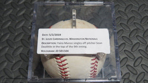 2019 Yairo Munoz St. Louis Cardinals Game Used Single Baseball Hit Off Doolittle