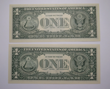 Load image into Gallery viewer, 2 $1 1988 &amp; 2003 Matching Low Serial Numbers Federal Reserve Bank Notes Repeater
