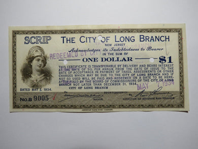 $1 1934 Long Branch New Jersey NJ Obsolete Currency Bank Note Scrip City of LB