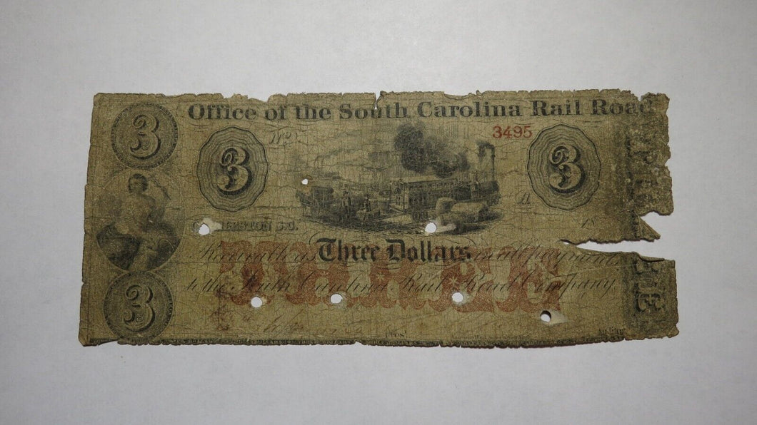 $3 1870's Charleston South Carolina SC Obsolete Currency Bank Note! Rail Road 