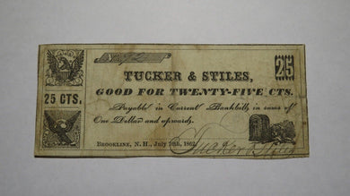 $.25 1862 Brookline New Hampshire NH Obsolete Currency Bank Bill Fractional Note
