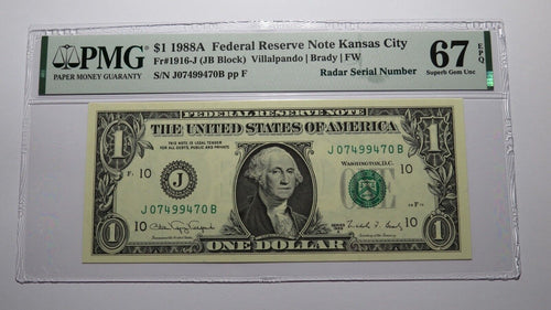 $1 1988 Radar Serial Number Federal Reserve Currency Bank Note Bill PMG UNC67EPQ