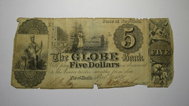 $5 1840 New York City NY Obsolete Currency Bank Note Bill! The Globe Bank NYC