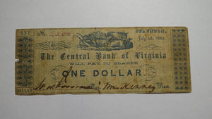 $1 1862 Staunton Virginia VA Obsolete Currency Bank Note Bill Central Bank of VA