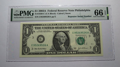 $1 2003 Repeater Serial Number Federal Reserve Currency Bank Note Bill PMG UNC66
